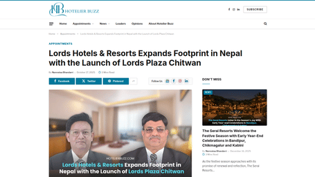 A PR post by hotelier buzz showcasing Lords Hotels & Resorts expansion to Nepal.