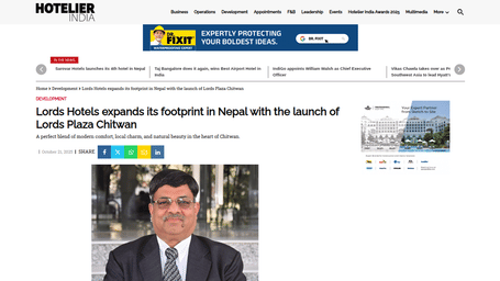 A PR post by Hotelier India showcasing Lords Hotels & Resorts expansion to Nepal.
