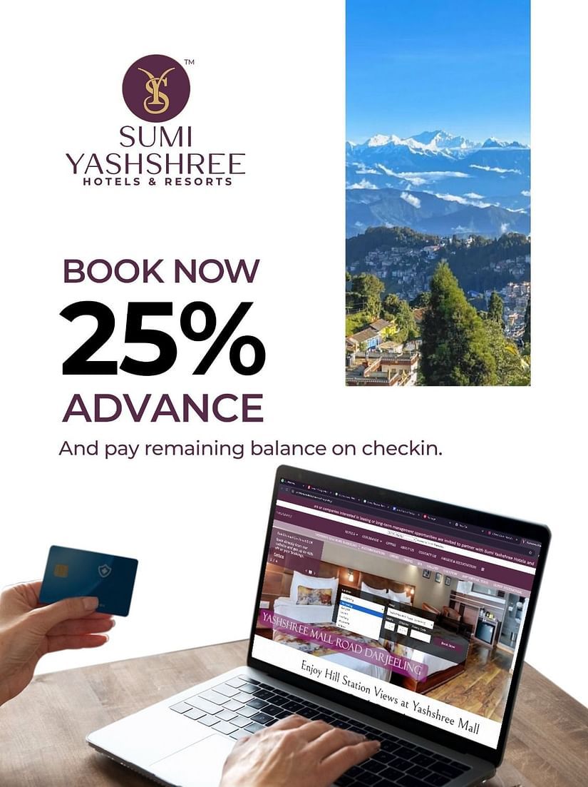 An image of a creative pop up advertising 25% discount on advance booking at Sumi Yashshsree Hotels & Resorts