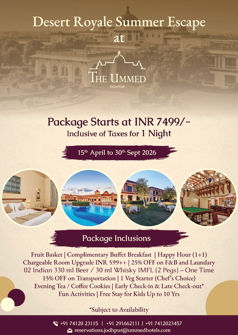 Desert Royale Summer Escape poster for The Ummed, Jodhpur. Features elegant hotel images, package details, and amenities like breakfast and transport. Warm, inviting tone.