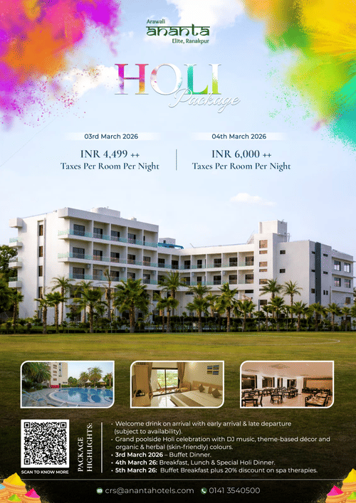 A promotional poster for Aravali Ananta Elite Ranakpur Holi Package featuring festive colour splashes, special room rates for 3rd and 4th March 2026, package highlights including poolside Holi celebration with DJ and organic colours, a view of the resort b