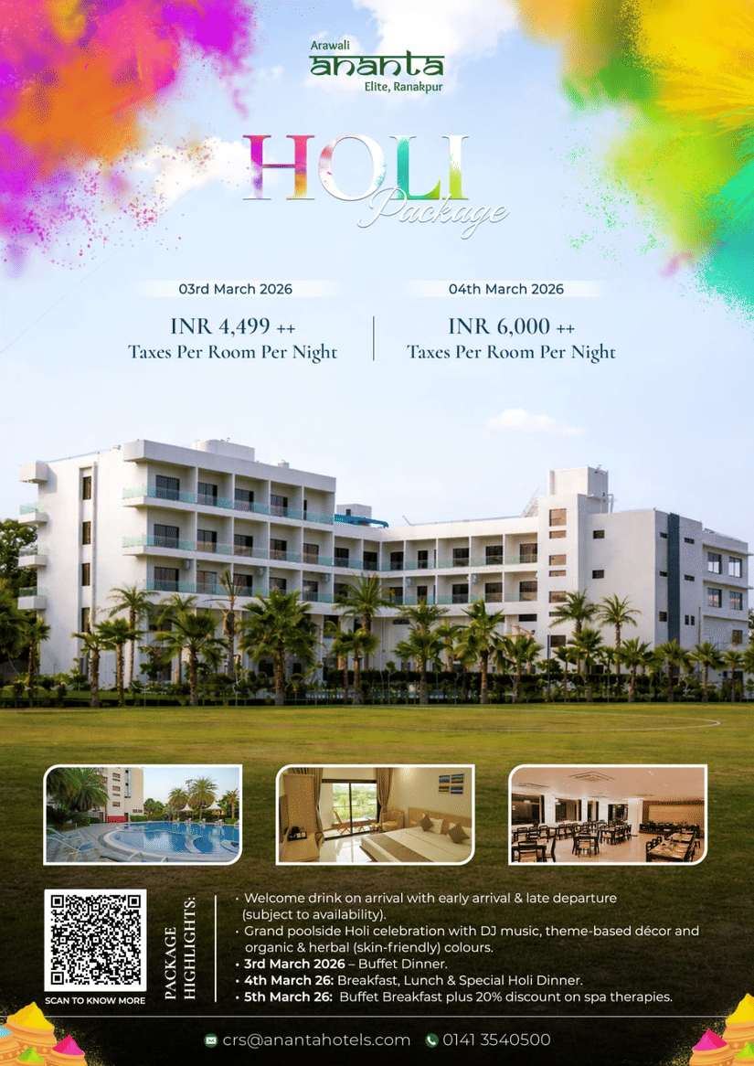 A promotional poster for Aravali Ananta Elite Ranakpur Holi Package featuring festive colour splashes, special room rates for 3rd and 4th March 2026, package highlights including poolside Holi celebration with DJ and organic colours, a view of the resort b