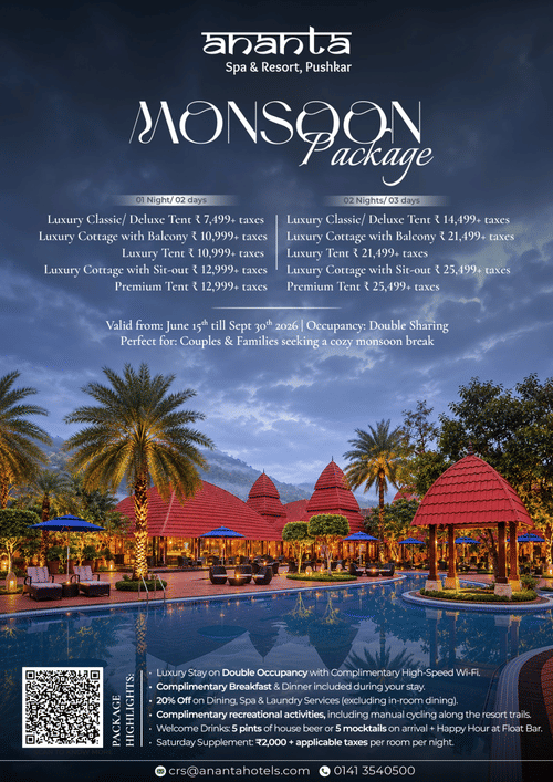 Monsoon Package at Ananta Spa & Resort Pushkar featuring luxury stays, dining and spa discounts, recreational activities, and seasonal benefits.