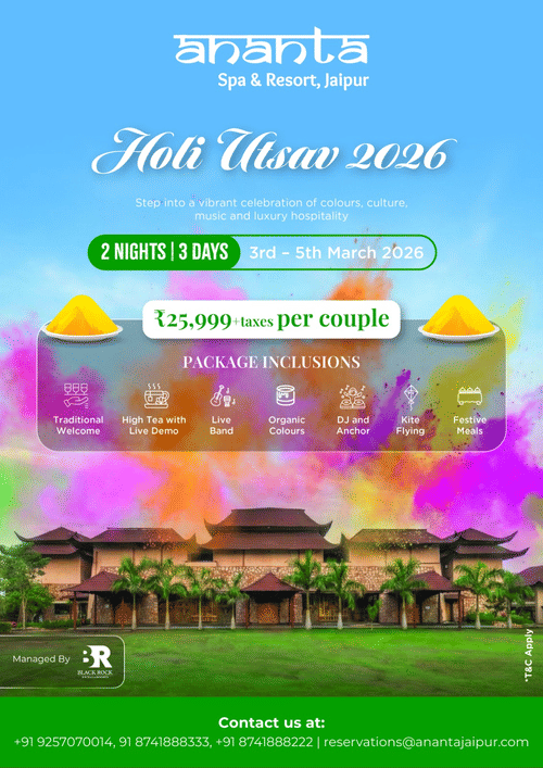 Creative for Holi Utsav 2026 package at Ananta Spa & Resort Jaipur, for 2 nights and 3 days from 3–5 March 2026, at INR 25,999 per couple, featuring traditional welcome, festivities, and meals.