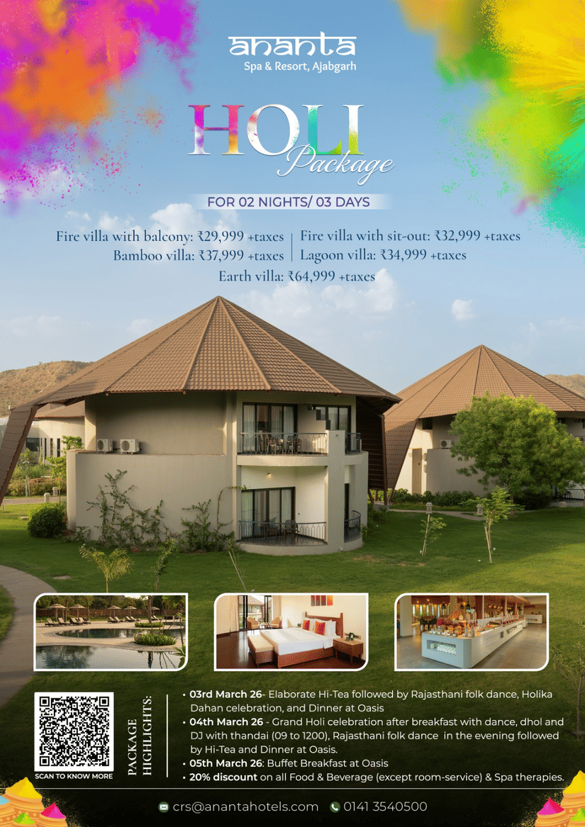 A Holi Package promotional banner for Ananta Spa & Resort Ajabgarh showcasing villa exteriors, festive gulal splashes, accommodation pricing for 2 nights 3 days, and event highlights with dining and celebration details.
