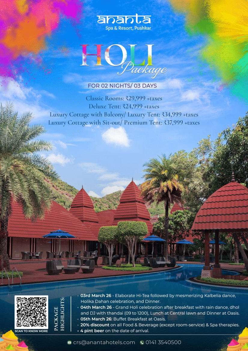 A Holi Package promotional banner for Ananta Spa & Resort Pushkar featuring resort cottages, swimming pool, festive gulal splashes, and 2 nights 3 days stay details with room tariffs and celebration highlights.