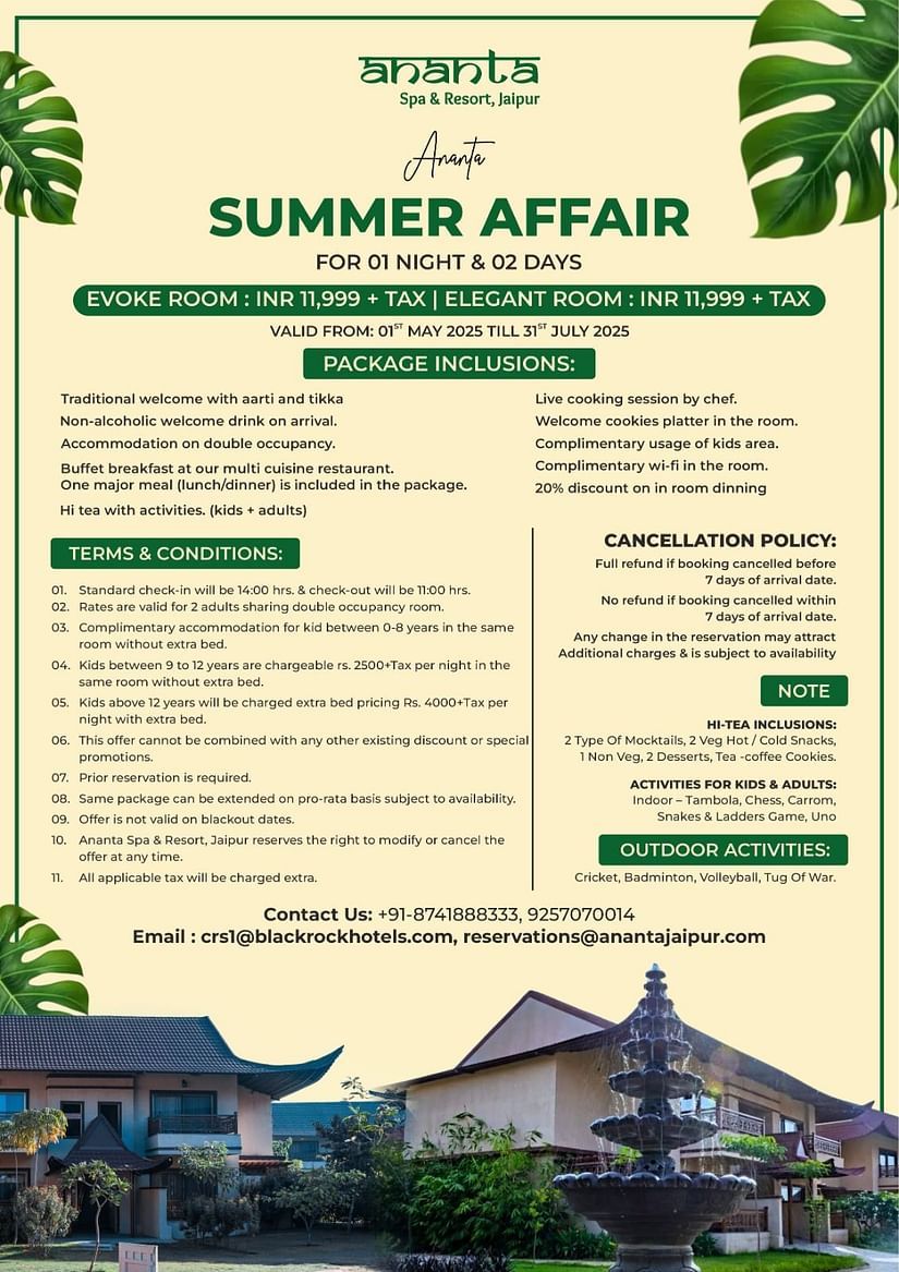 Creative showing Ananta Spa & Resort, Jaipur's summer offer details with room rates, inclusions, dates, and contact info.
