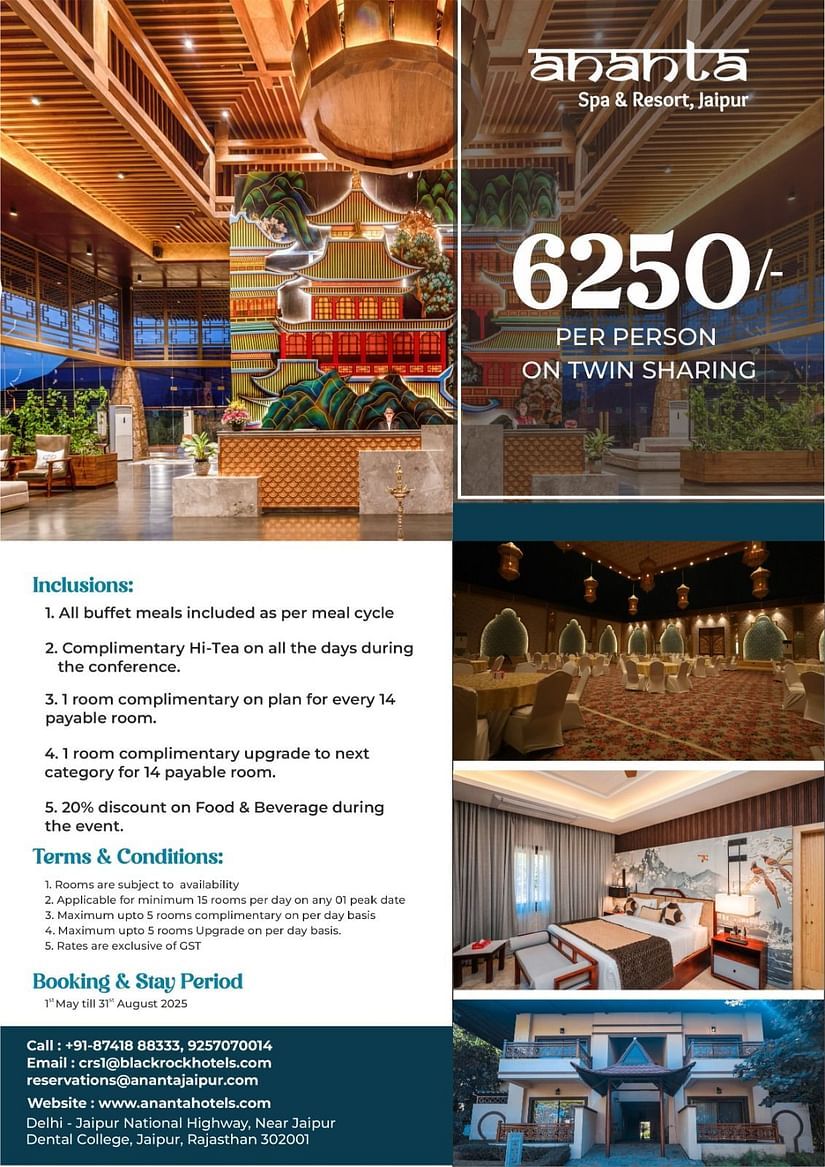 Poster showing outdoor, interior, bedroom, and dining area images, advertising INR 6250 per night with inclusions and contact details regarding a MICE package.