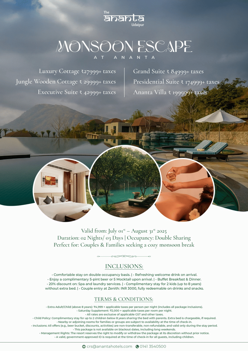 Promotional poster for Monsoon Escape at Windermere Estate, Munnar, featuring a scenic infinity pool with mountain views and three circular insets showing a cosy bedroom, spa service, and a leisure setting. The poster highlights the offer name, property de