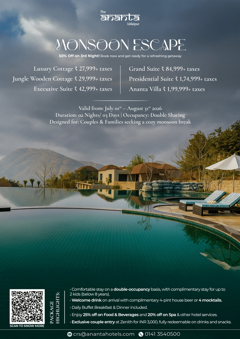 Monsoon Escape offer banner by The Ananta Udaipur featuring a luxury poolside resort with cottages and hills in the background, highlighting 50% off on the 3rd night, room rates, package inclusions, and validity from 1st July to 31st August 2026.