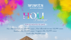 A Holi Package promotional banner for Ananta Spa & Resort Ajabgarh showcasing villa exteriors, festive gulal splashes, accommodation pricing for 2 nights 3 days, and event highlights with dining and celebration details.