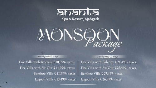 Monsoon Package at Ananta Spa & Resort Ajabgarh featuring 1 Night/2 Days and 2 Nights/3 Days stays with dining, spa benefits, and recreational activities.