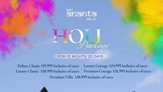 A promotional poster for The Baagh Ananta Elite Ranthambore Holi Package featuring festive color splashes, 2 nights / 3 days stay details with room and tent pricing, package highlights including rain dance and Holika Dahan, a view of the resort building, i