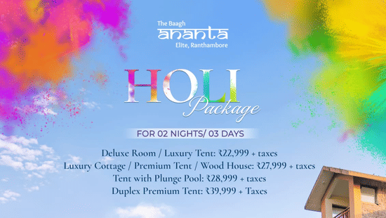 A promotional poster for Ananta Elite Gir Holi Package featuring festive colour splashes, 2 nights / 3 days stay details with room and villa pricing inclusive of taxes, package highlights including Holika Dahan, rain dance, Dhol and DJ celebrations, a view