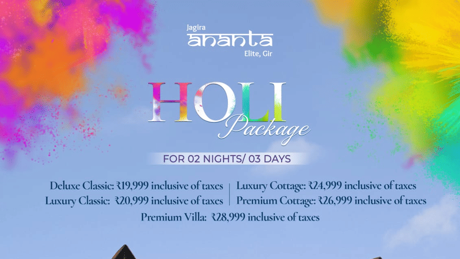A promotional poster for Ananta Elite Gir Holi Package featuring festive colour splashes, 2 nights / 3 days stay details with room and villa pricing inclusive of taxes, package highlights including Holika Dahan, rain dance, Dhol and DJ celebrations, a view
