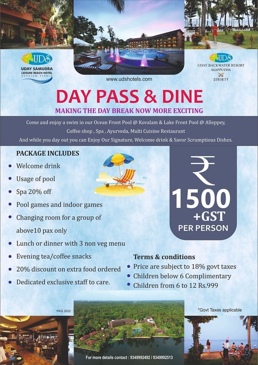 A promotional flyer for Uday Samudra Leisure Beach Hotel and Uday Backwater Resort advertises a Day Pass & Dine offer for Rs 1500 plus GST per person
