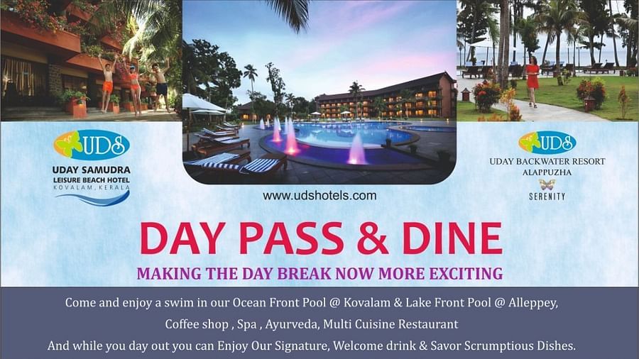 A promotional flyer for Uday Samudra Leisure Beach Hotel and Uday Backwater Resort advertises a Day Pass & Dine offer for Rs 1500 plus GST per person