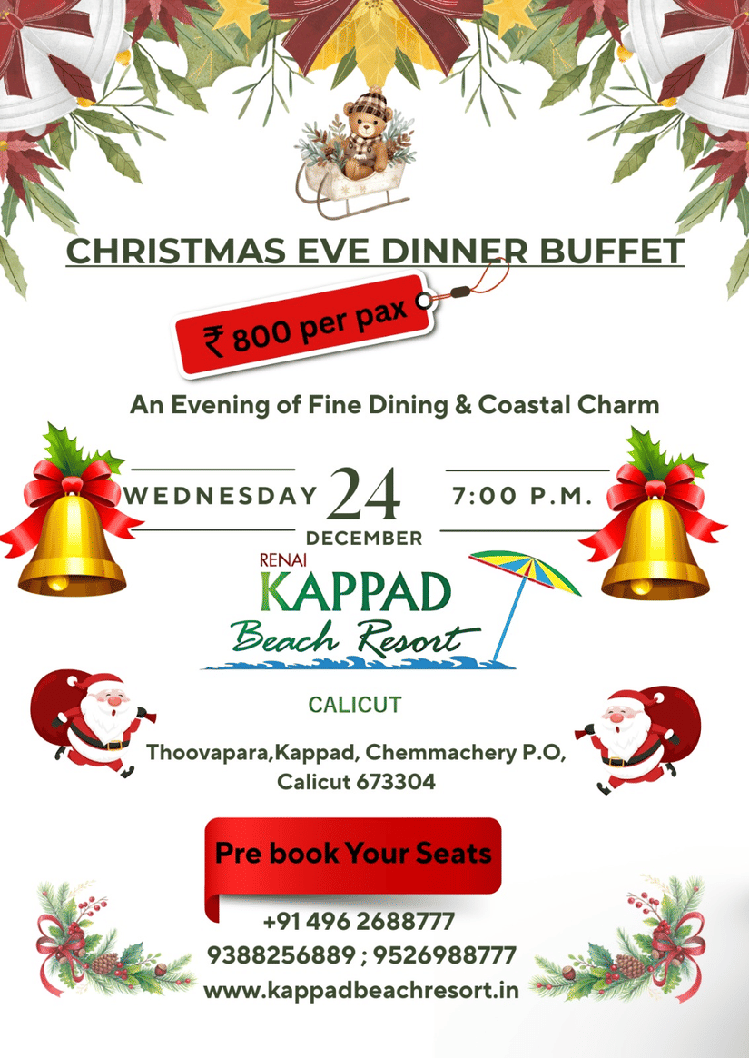 Promotional banner for Kappad Beach Resort's Christmas Eve Dinner Buffet on December 24th at 7:00 PM, featuring a traditional holiday border and festive details.