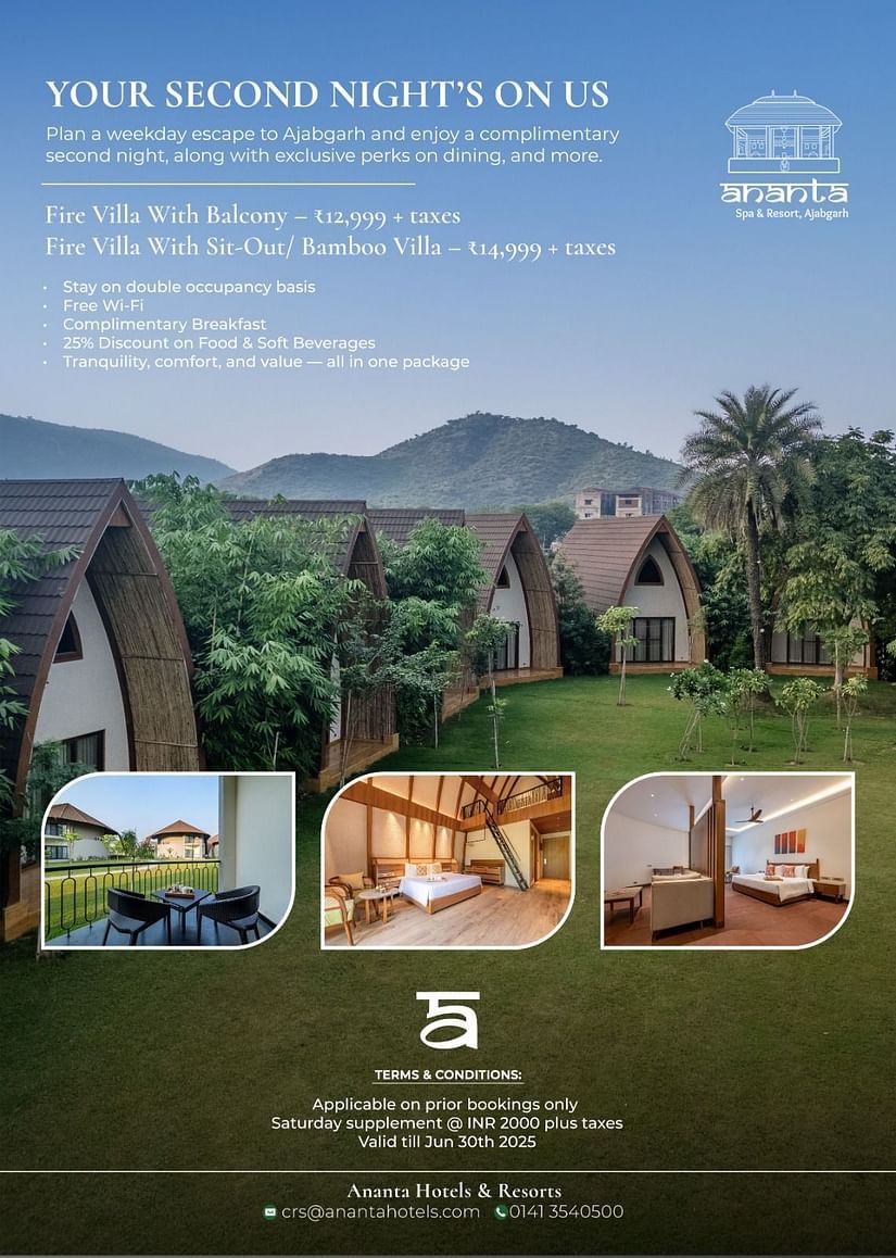 Ananta Spa & Resort Ajabgarh advertisement featuring cottages on a green lawn with mountains in the background. Three small inset photos show a bedroom, a living area, and a dining space. Text details accommodations and amenities