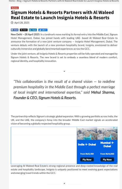 Online Media Cafe article: Signum Hotels & Resorts partners with Al Waleed Real Estate to launch Insignia Hotels & Resorts