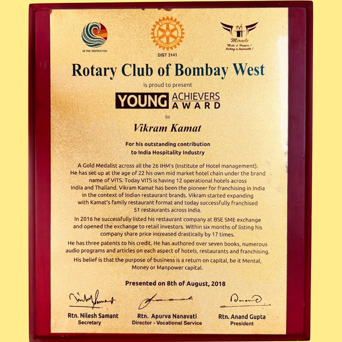 An image of Rotary Club of Bombay West awards given to Vikram Kamat - Kamats India
