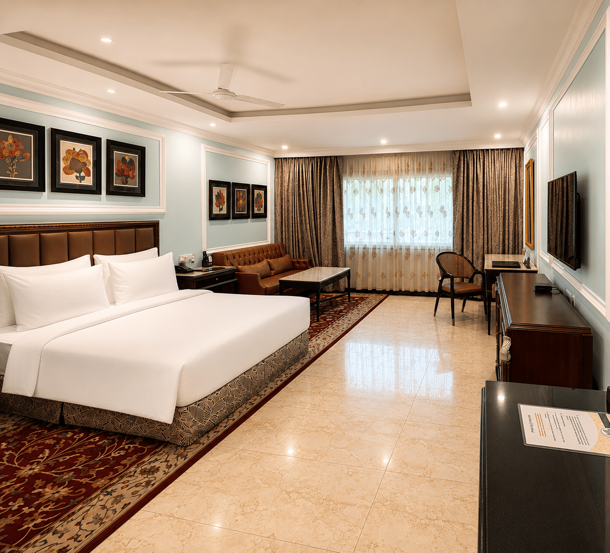 Standard Deluxe Room with king-size bed and elegant interiors at MAYFAIR Lake Resort, Raipur