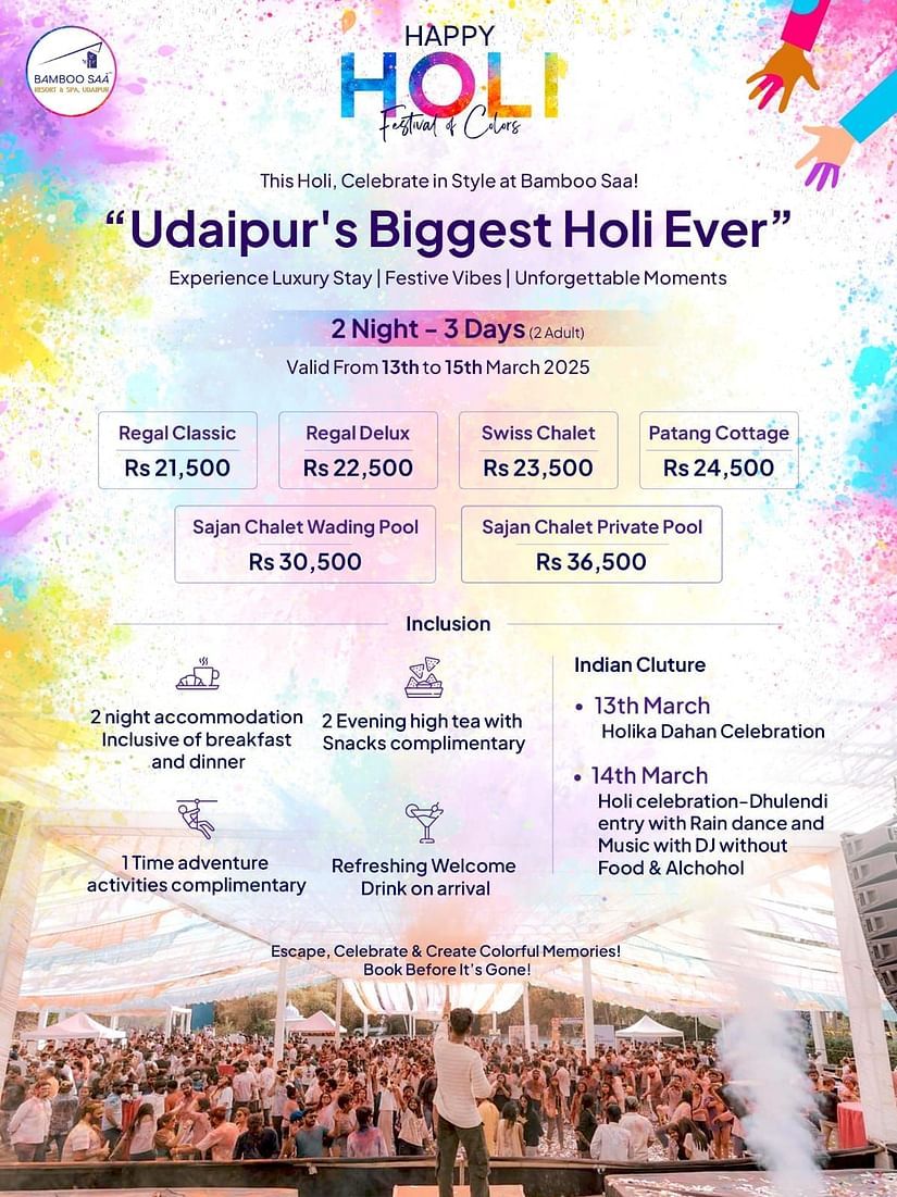 A banner for Bamboo Saa Resort & Spa, Udaipur showing the inclusions, pricing and other details of the Holi package
