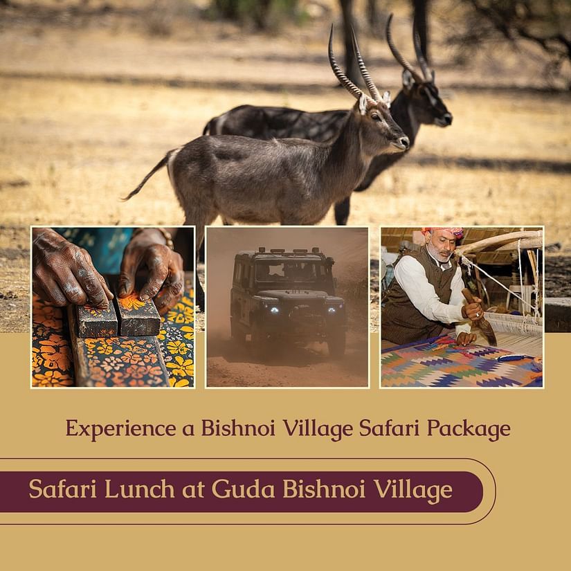 Promotional image for a Bishnoi Village Safari Package featuring a blackbuck antelope, traditional crafts, a safari jeep, and a local villager. Text highlights a 'Safari Lunch at Guda Bishnoi Village' experience.