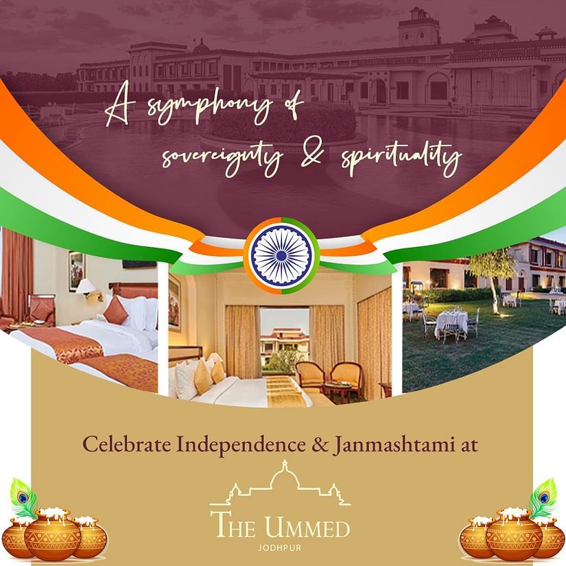 Celebrate Independence Day and Janmashtami at The Ummed with a blend of serenity and spirituality, featuring tricolour elements, traditional décor, and The Ummed Jodhpur, Palace Resort and Spa stay visuals.