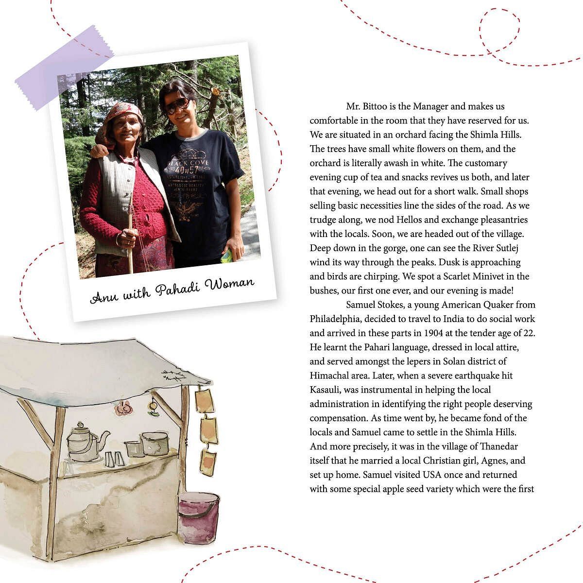 Photos of two individuals titled 'Time with Rohit Balooni' and an illustration of apple crates at the bottom, featured by Karma Chalets.