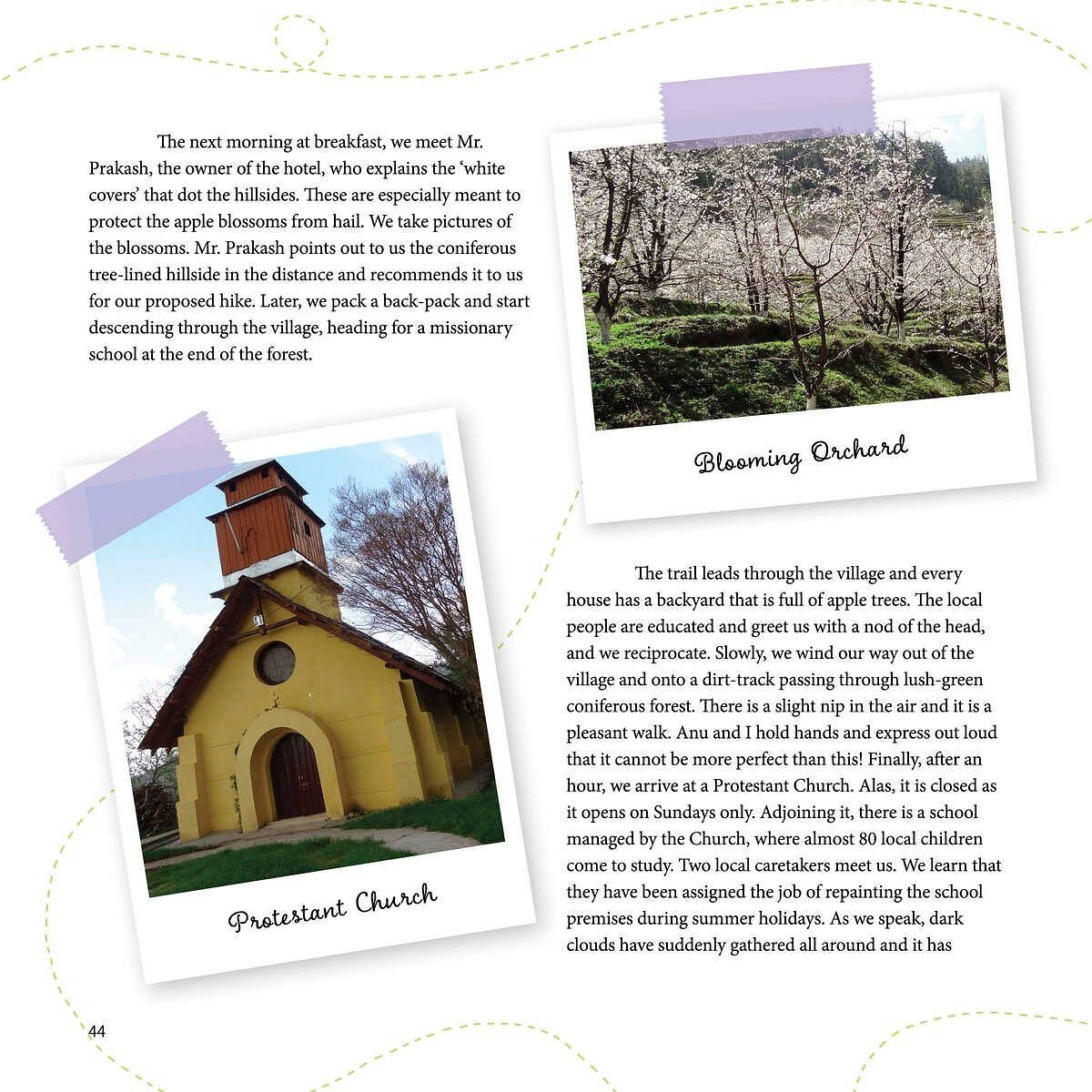 Photos labeled 'Morning Orchard' and 'Peshawar Church' on a journal-style page, featured at Karma Chalets.
