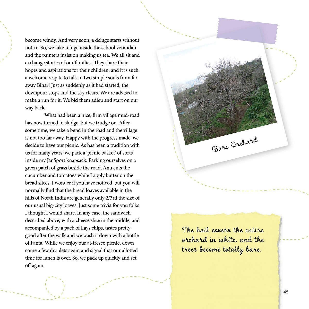 Page featuring a photo labeled 'Boro Orchard' along with a written narrative, as seen in a journal at Karma Chalets.