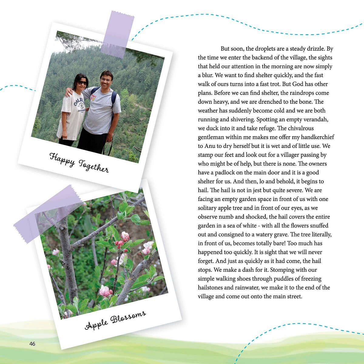 Two photos of a family portrait and an apple plantation titled 'Happy Stories' and 'Apple Blossom', from Karma Chalets.