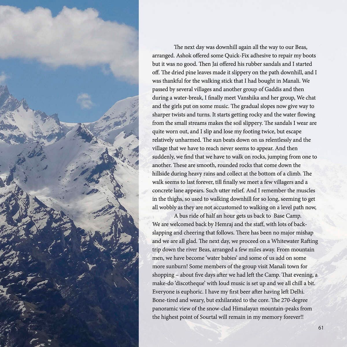 A photograph of snow capped mountains with accompanying text describing a hiking journey through the mountain range.