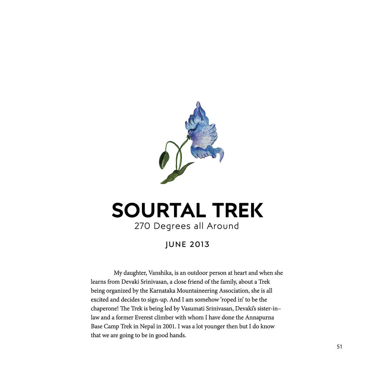 A page from a 2013 Sourtal Trek journal entry describes a family's trekking experience in Nepal, highlighting the leader's mountaineering expertise.