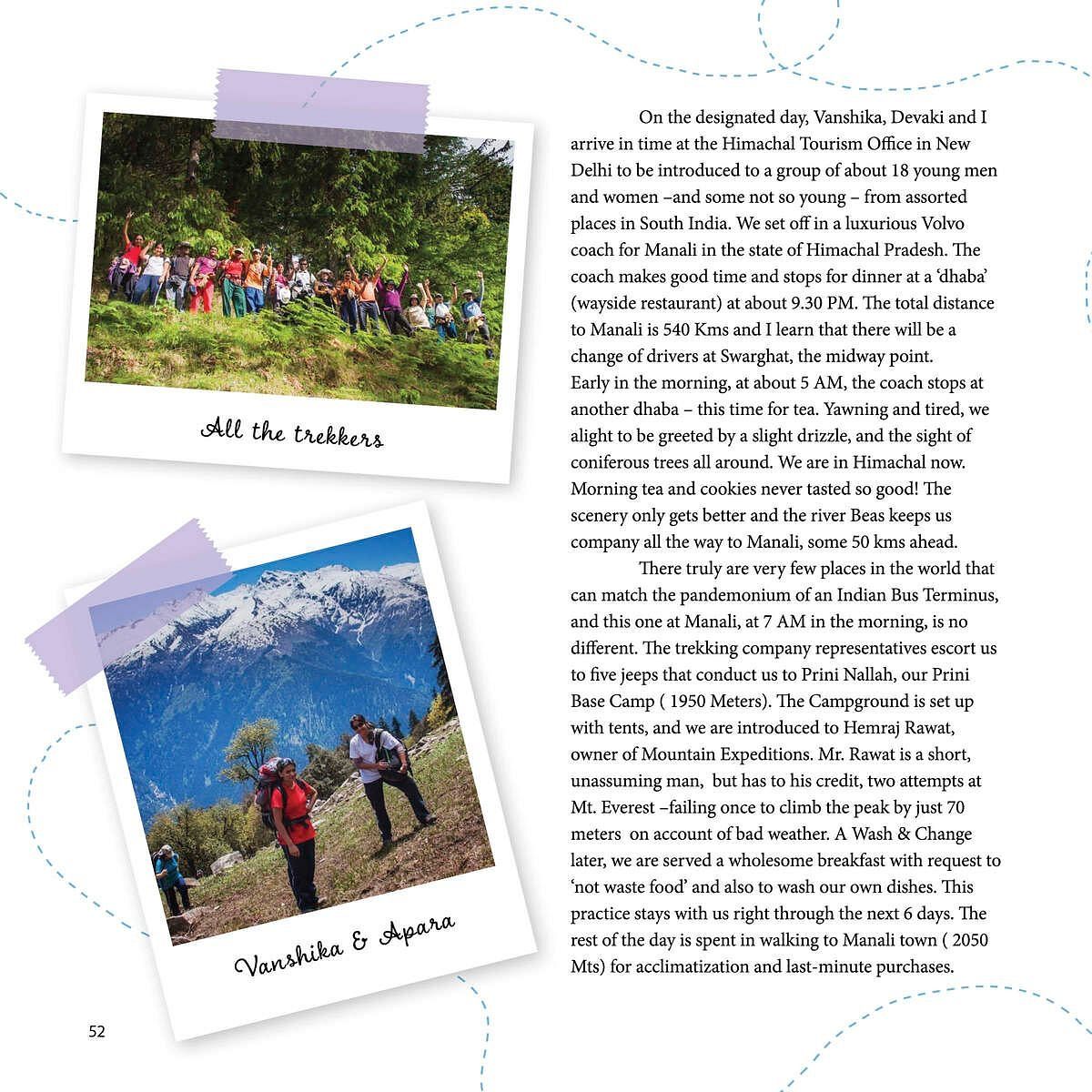 Trekking photos of group hiking in mountains, scenic views, text describes a trip to Manali.
