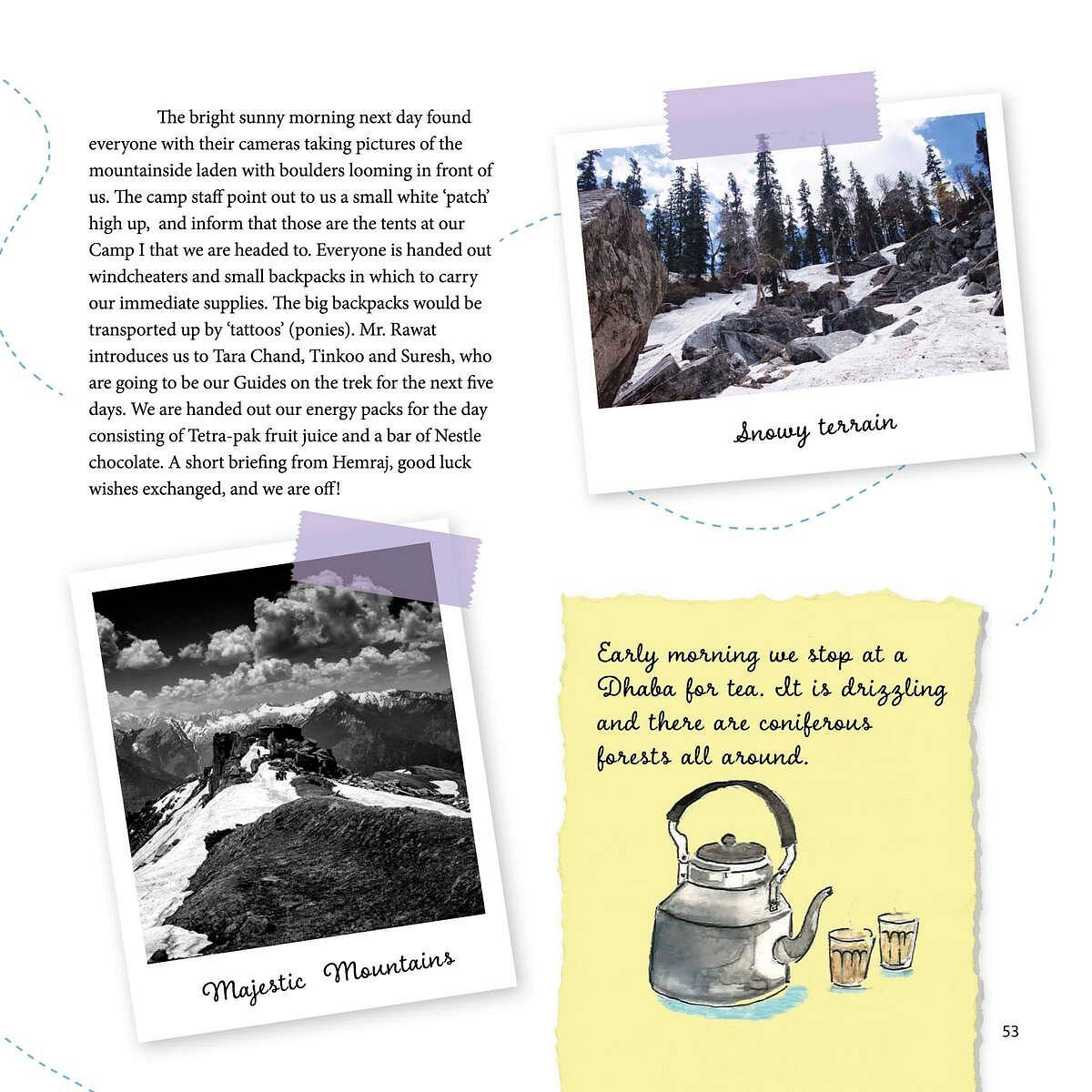 Mountain trek photos with sunny morning, snowy terrain, text describing group with guides and backpacks.