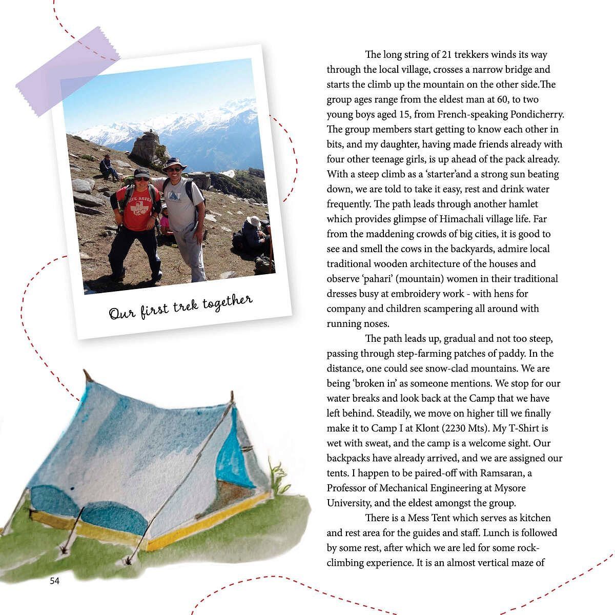 A drawing of a tent next to a photo of hikers in a mountainous landscape, text describes a hiking trip.