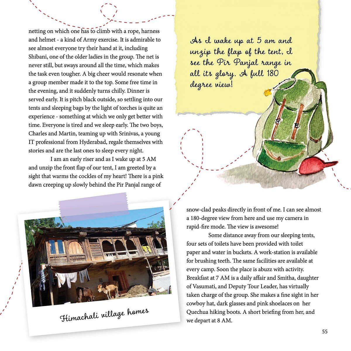 A photo of a book page of a traditional homes in a Himalayan village, nestled amongst a mountainous landscape.