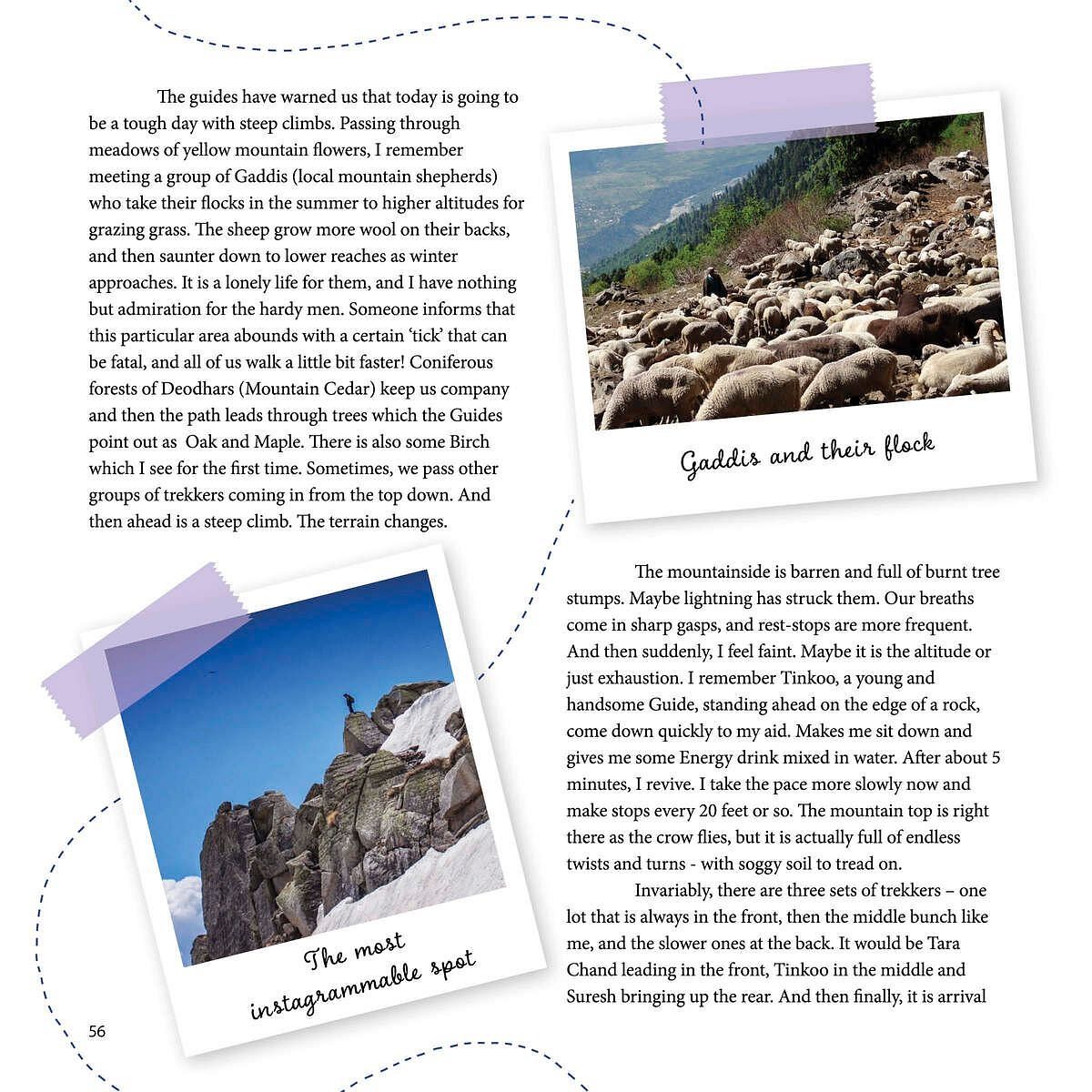 A mountain trek, featuring a flock of sheep and a person taking a break, text describes the challenging terrain and shepherds.