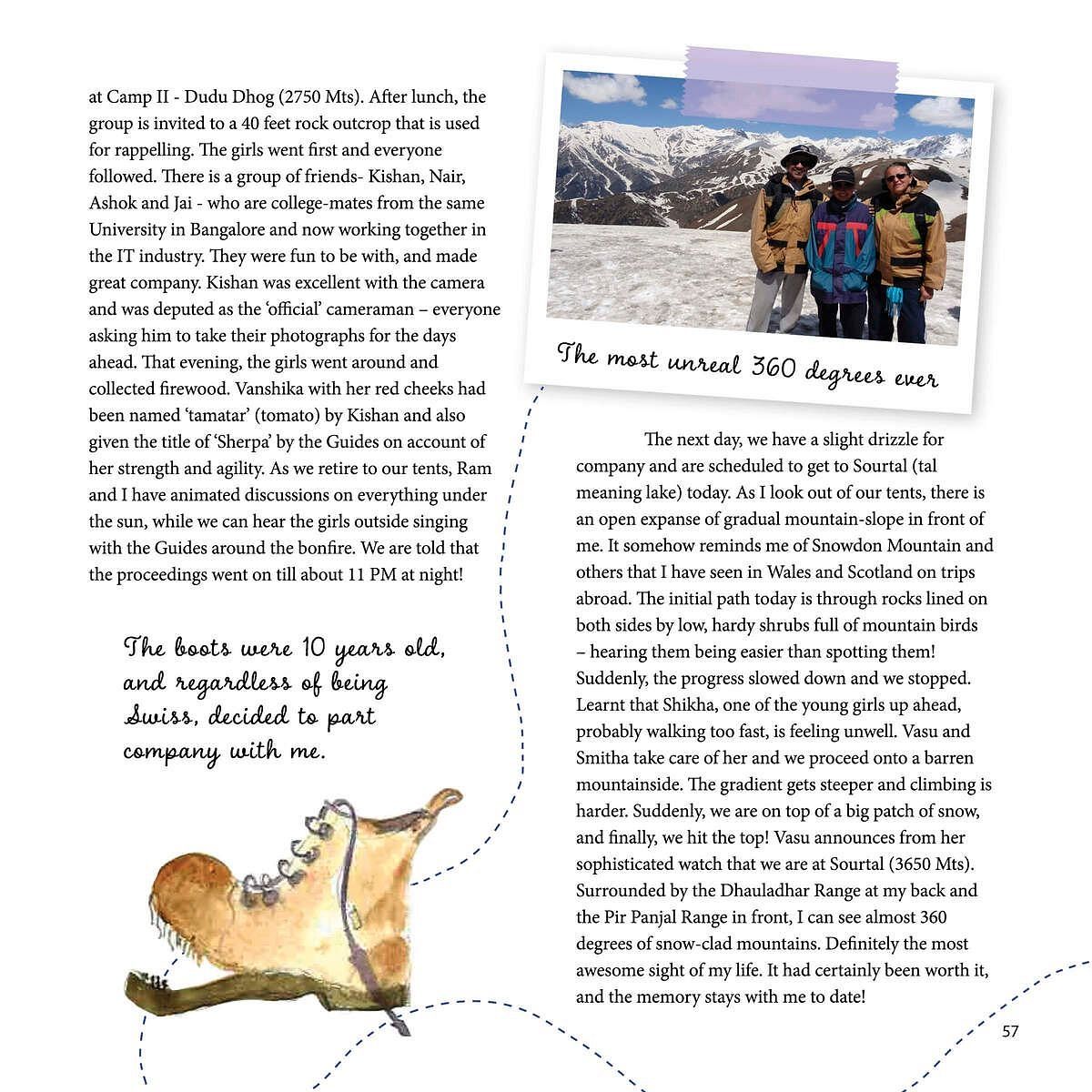 A book page with a drawing of a boot and a photo of hikers in a mountain landscape, text describes a hiking trip, including a broken boot.