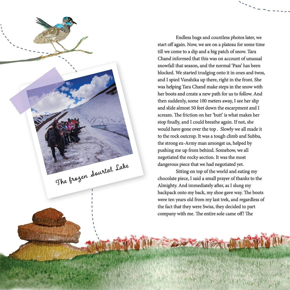 Text and photo of a trek to the frozen Sourtal Lake, describing a dangerous journey.