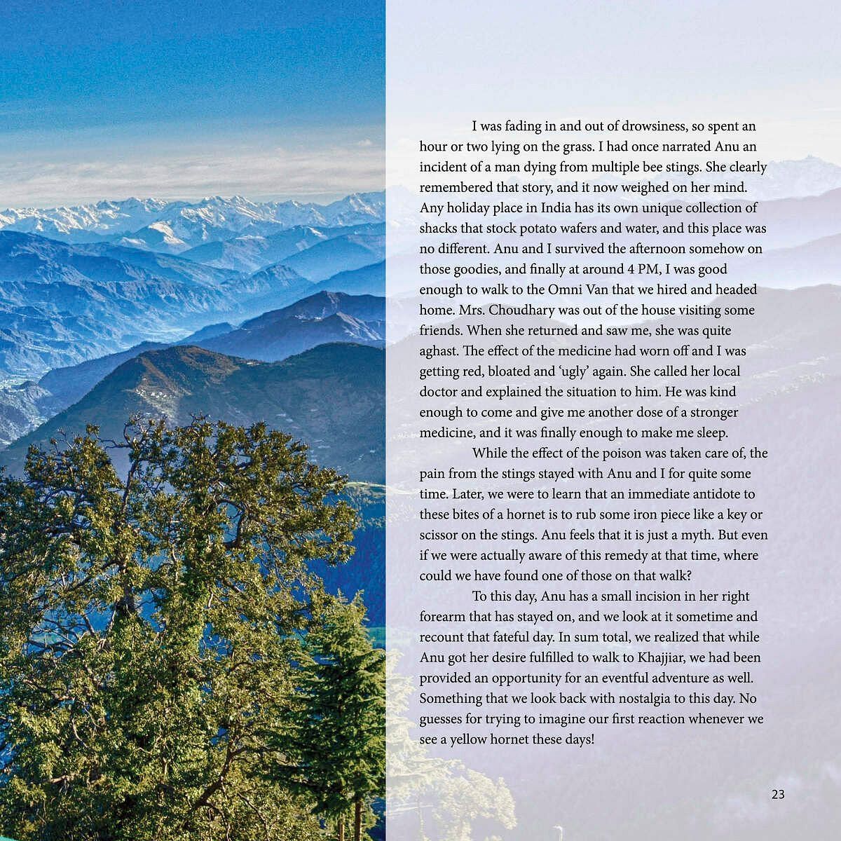 A scenic view of Dalhousie with lush green hills, scattered houses, and snow-capped mountains under a clear blue sky.
