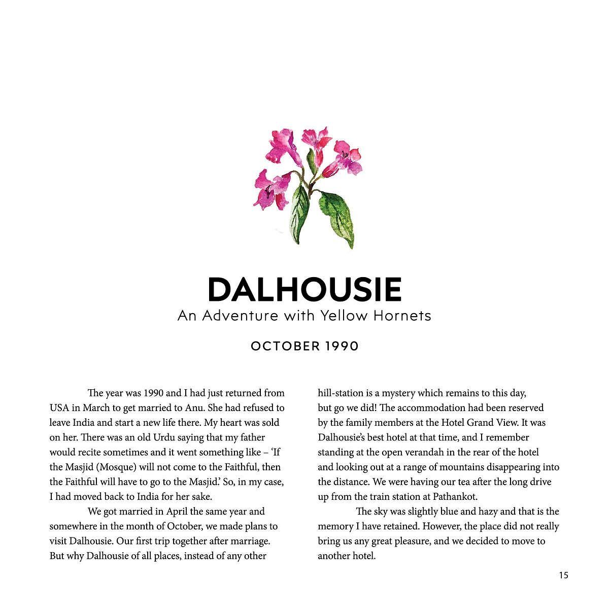 Illustrated page titled Dalhousie: An Adventure with Yellow Hornets, dated October 1990, with a pink flower and text describing a couple's trip.