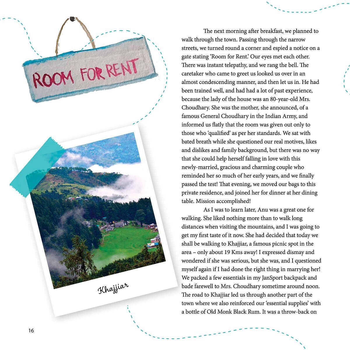 Illustrated page with a Room for Rent sign, a photo labelled Khajjiar showing a valley with houses and trees, and text describing a homestay experience.