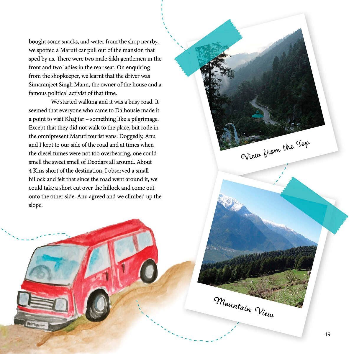 chapIllustrated page with a red van, two photos labeled “View from the Top” and Mountain View, and text describing a scenic walk in Dalhousie.