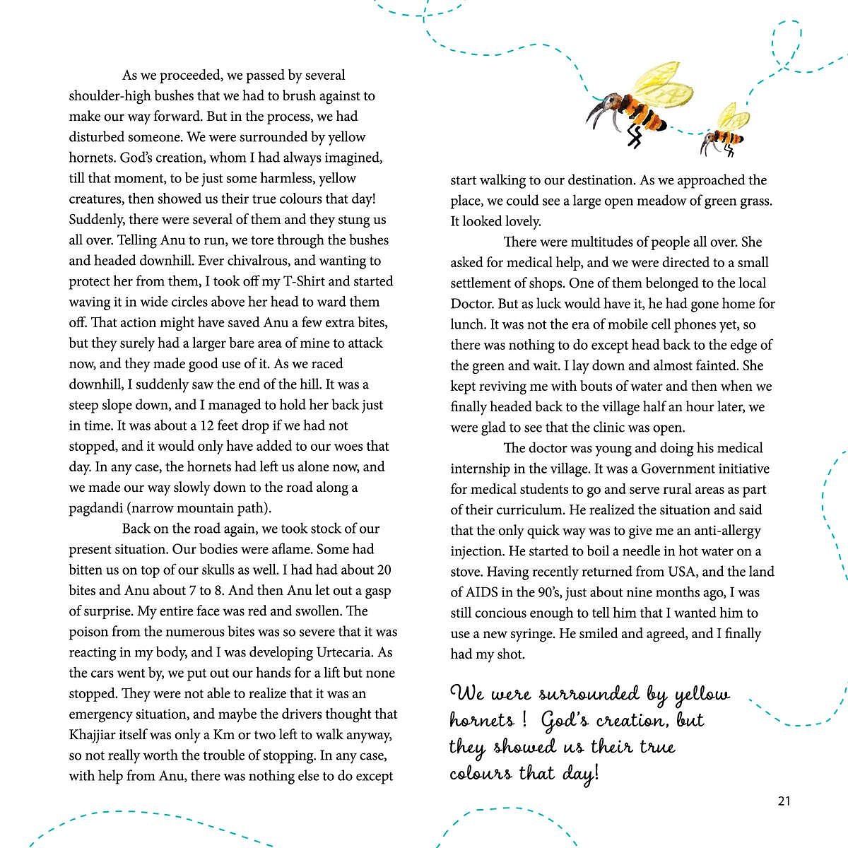 Illustrated page with two yellow hornets in flight and text describing a painful encounter with hornets during a trek, followed by a visit to a rural clinic.