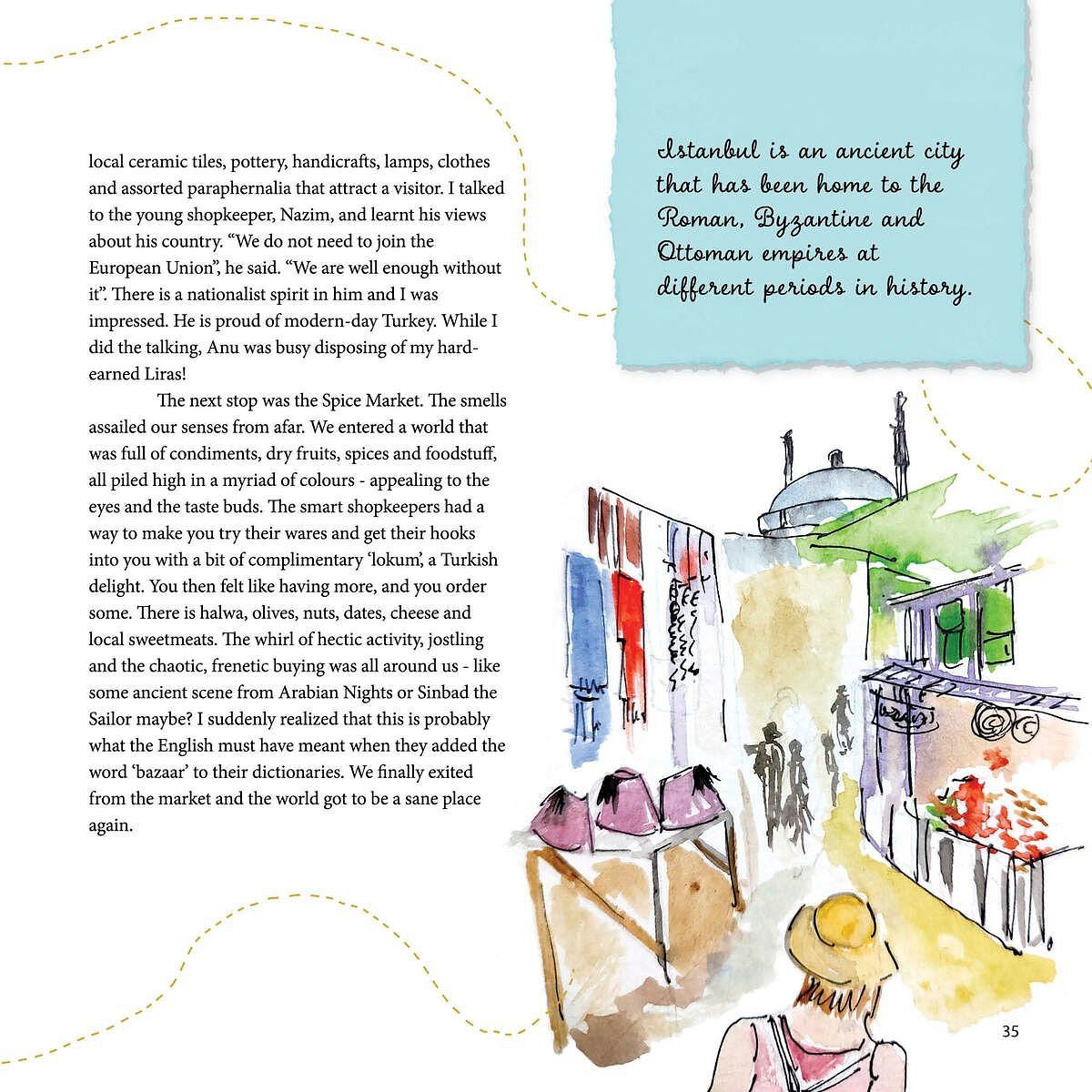 Illustrated street view of local Turkish shops and people walking, used in a story layout at Karma Chalets.