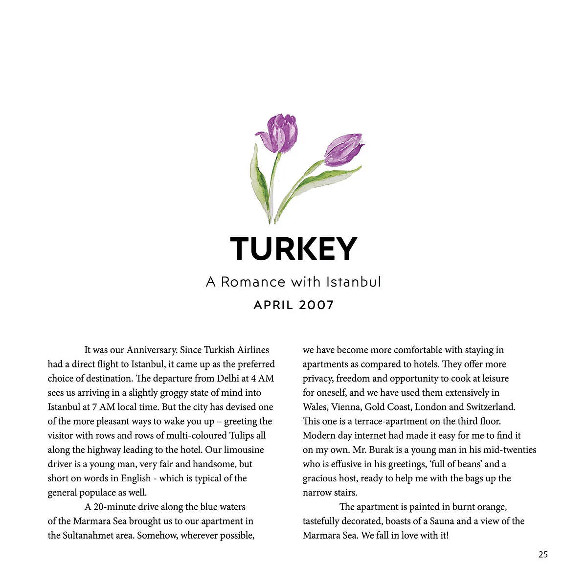 Page from a travel journal titled Turkey A Romance with Istanbul, April 2007, featuring a tulip illustration and text about the trip.