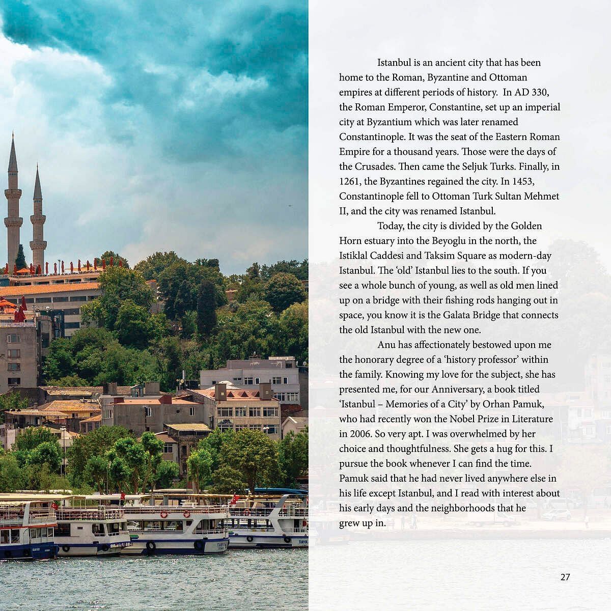 View of Istanbul waterfront with boats docked, lush greenery, and mosque minarets in the background, alongside a page of historical travel text.